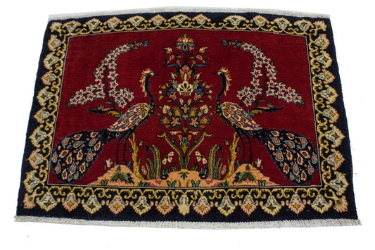 Vintage Red Pictorial 3X4 Kashan Persian Rug