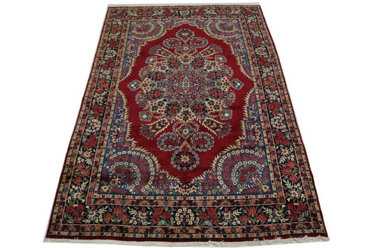 Vintage Red Traditional 6'5X10'5 Qom Kerman Persian Rug