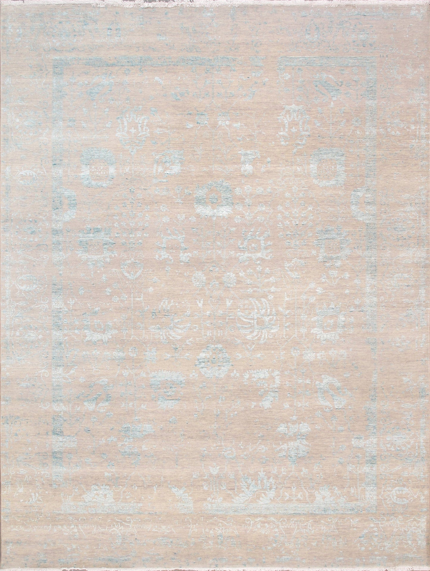 Pasargad Home Transitional Collection Hand Knotted Bsilk & Wool Area Rug, 9' 0" X 11'10", Silver/Aqua