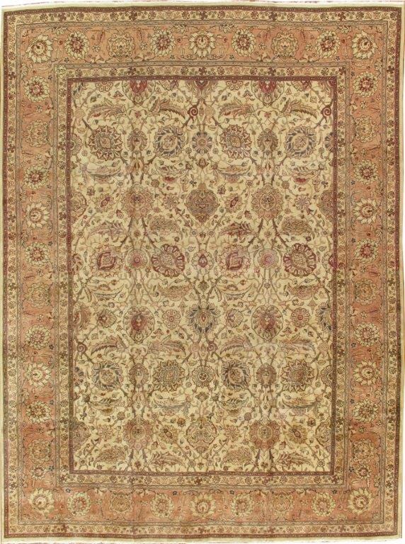 Antique Tabriz Collection Beige Lamb's Wool Area Rug- 9'10" X 12' 9"