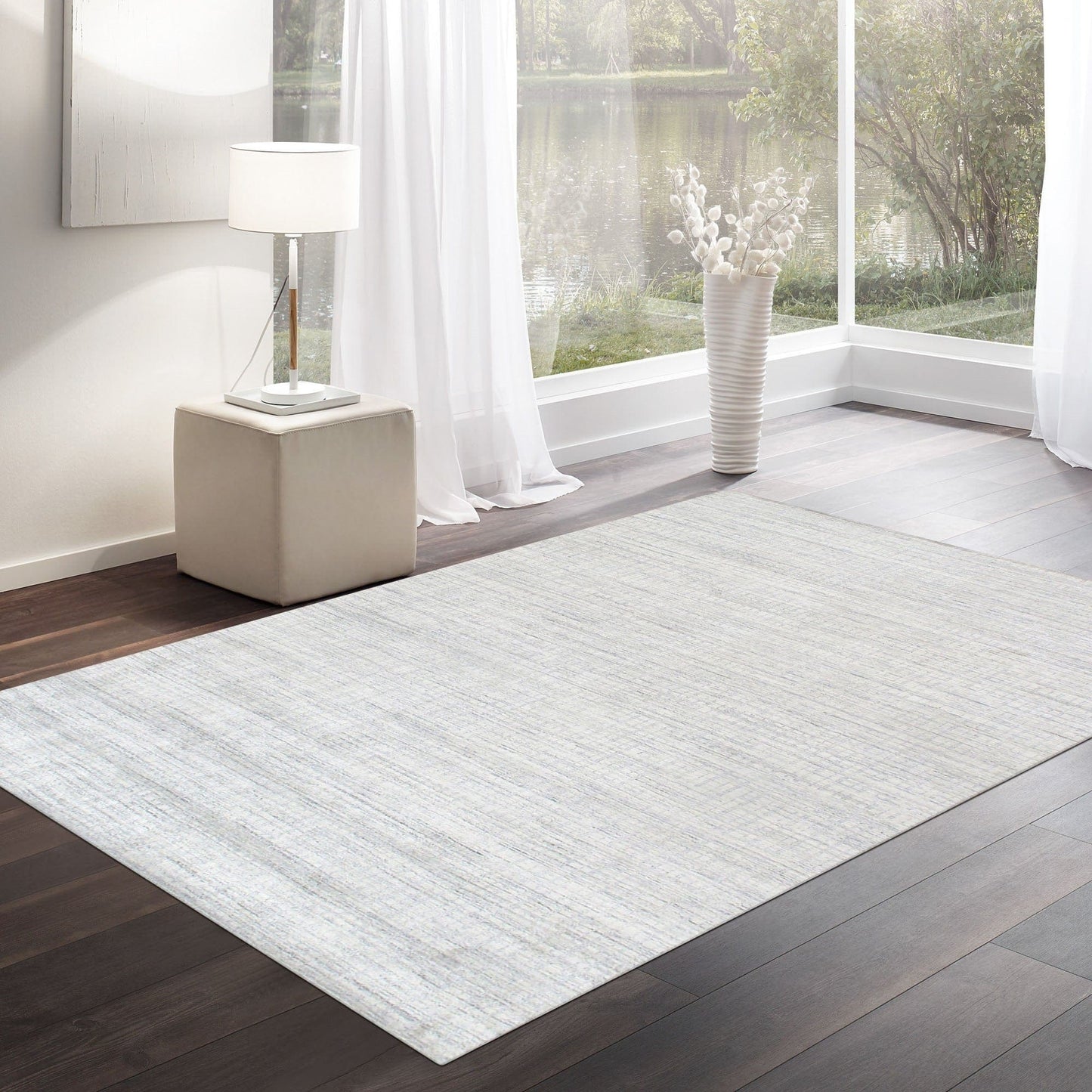 Slate Collection Hand-Loomed Ivory/Blue Bsilk & Wool Area Rug-12' 0" X 15' 0"